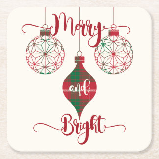 Merry and Bright Red and Green Plaid Ornament スクエアペーパーコースター