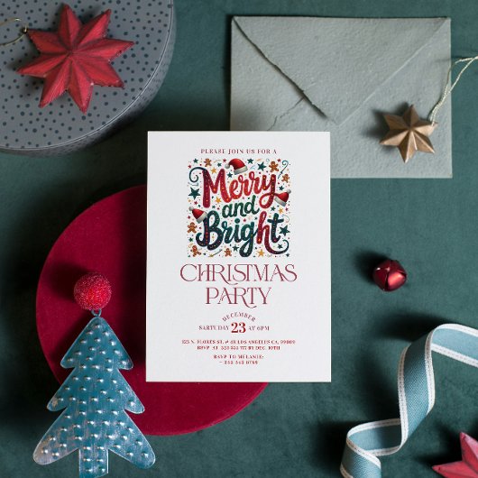 Merry and Bright Retro Typography Party Invite 招待状