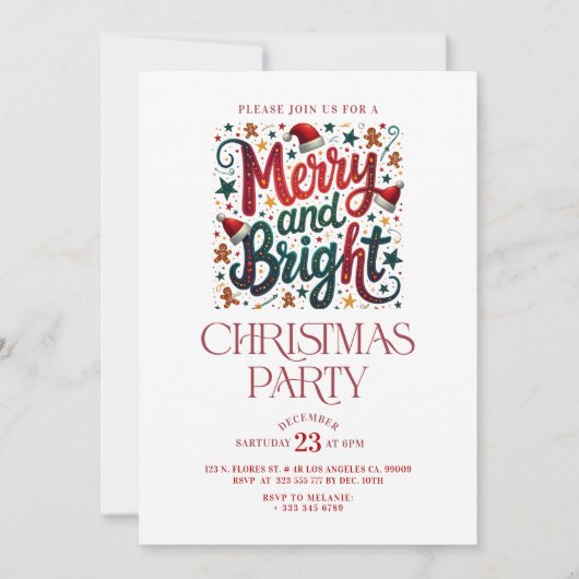 Merry and Bright Retro Typography Party Invite 招待状 (正面)