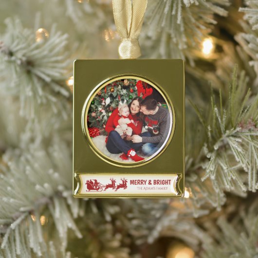 Merry and Bright Santa Sleigh Christmas Photo  ゴールドプレートバナーオーナメント (ツリー)