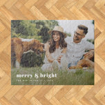 Merry and Bright | Stylish Modern Photo Xmas ジグソーパズル<br><div class="desc">A stylish modern holiday photo jigsaw puzzle with a bold retro typography quote "merry & bright" in white. The greeting, name and message can be easily customized for a personal touch. A trendy, minimalist and contemporary design to stand out this holiday season! The image shown is for illustration purposes only...</div>