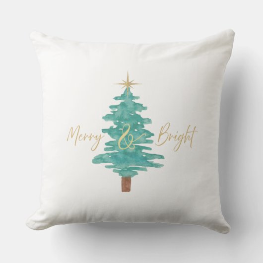 "Merry and Bright" Watercolor Christmas Tree クッション (正面)