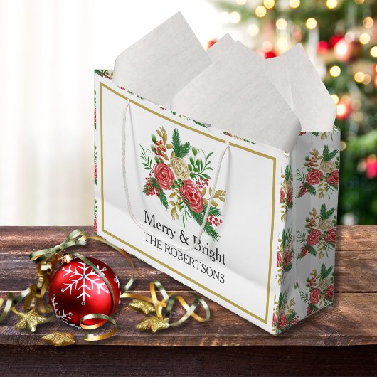 Merry and Bright Watercolor Roses Personalized ラージペーパーバッグ