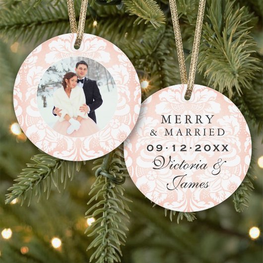 Merry and Married Blush Damask Wedding Photo オーナメント