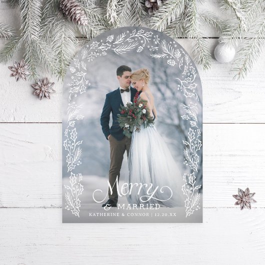 Merry and Married Holly Photo Holiday Card 招待状