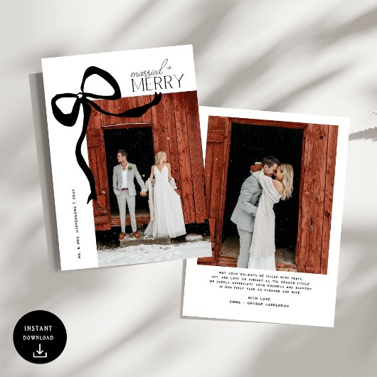 Merry and Married Script Photo Christmas Bow シーズンカード