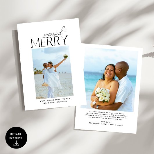 Merry and Married Script Photo Christmas Newlyweds シーズンカード