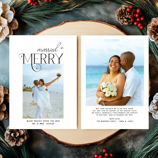 Merry and Married Script Photo Christmas Newlyweds シーズンカード