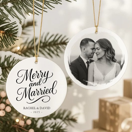 Merry and Married – Two-Sided Wedding Photo セラミックオーナメント