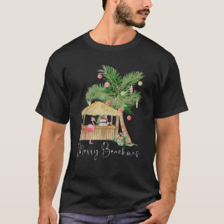 Merry Beachmas Hawaiian Pink Flamingo Palm Tree Ch Tシャツ