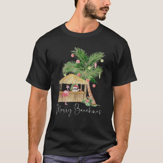 Merry Beachmas Hawaiian Pink Flamingo Palm Tree Ch Tシャツ (正面)