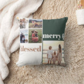 Merry & Blessed Family Christmas Photo Green クッション (ブランケット)