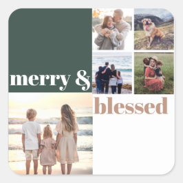 Merry & Blessed Family Christmas Photo Green スクエアシール