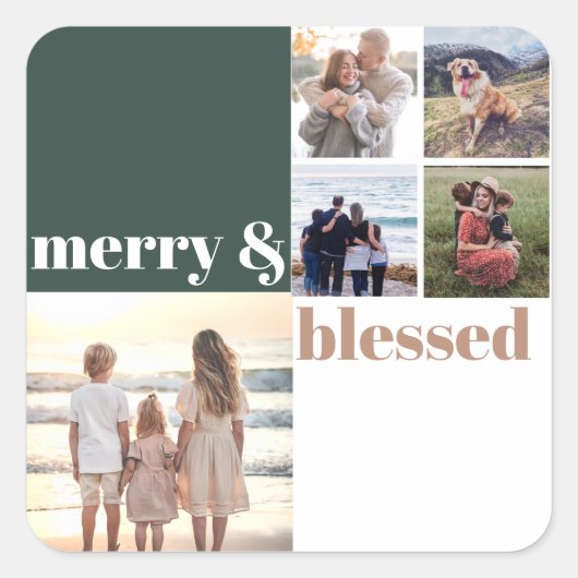 Merry & Blessed Family Christmas Photo Green スクエアシール (正面)
