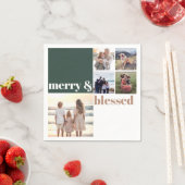 Merry & Blessed Family Christmas Photo Green スタンダードカクテルナプキン (インサイチュ)