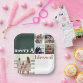 Merry & Blessed Family Christmas Photo Green ペーパープレート (パーティー)