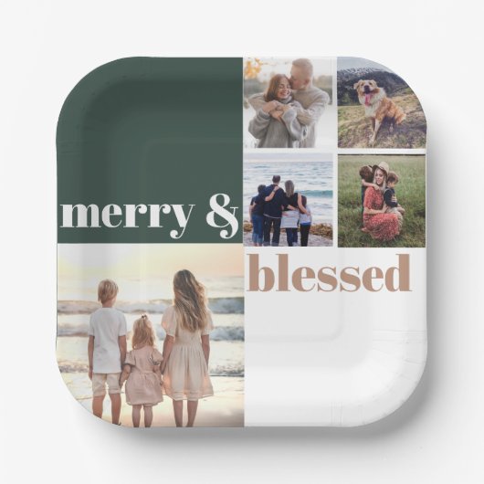 Merry & Blessed Family Christmas Photo Green ペーパープレート (正面)
