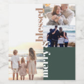 Merry & Blessed Family Christmas Photo Green ワインラベル (シングルラベル)
