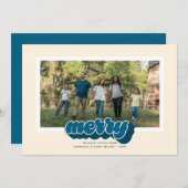 Merry Blue Retro Script Christmas Photo シーズンカード (正面/裏面)
