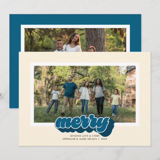 Merry Blue Retro Script Christmas Photo シーズンカード (正面/裏面)