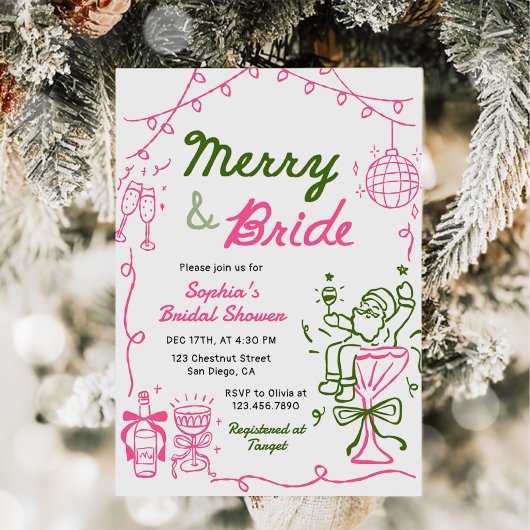 Merry & Bride Hand Drawn Christmas Bridal Shower 招待状