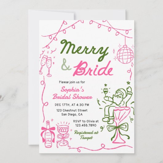 Merry & Bride Hand Drawn Christmas Bridal Shower 招待状 (正面)