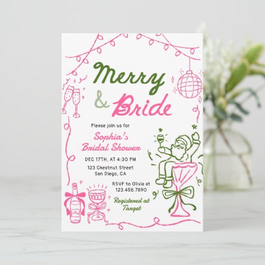 Merry & Bride Hand Drawn Christmas Bridal Shower 招待状 (スタンド正面)