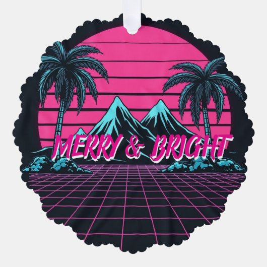 Merry & Bright 80's Night' レトロシンセウェーブ オーナメントカード (正面)