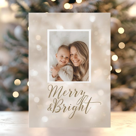 Merry & Bright Beige Gold Christmas Photo シーズンカード