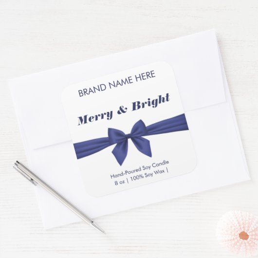 Merry & Bright | Blue Bow Modern Candle Labels スクエアシール (封筒)