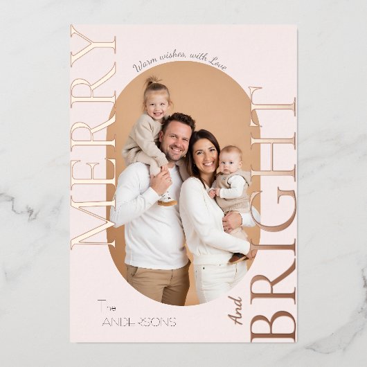 Merry & Bright Blush Rose Gold Script 箔シーズンカード (正面)