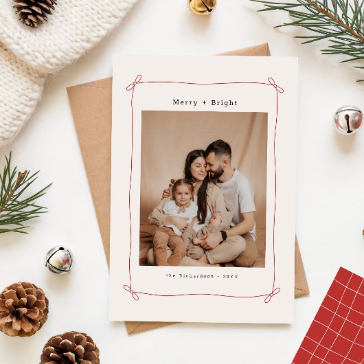 Merry & Bright Bow Ribbon Family Christmas Photo シーズンカード