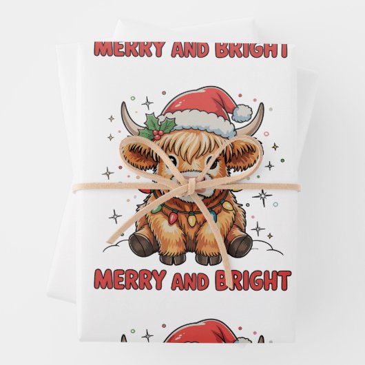 Merry & Bright Cute Highland Baby Cow Christmas ラッピングペーパーシート (インサイチュ)