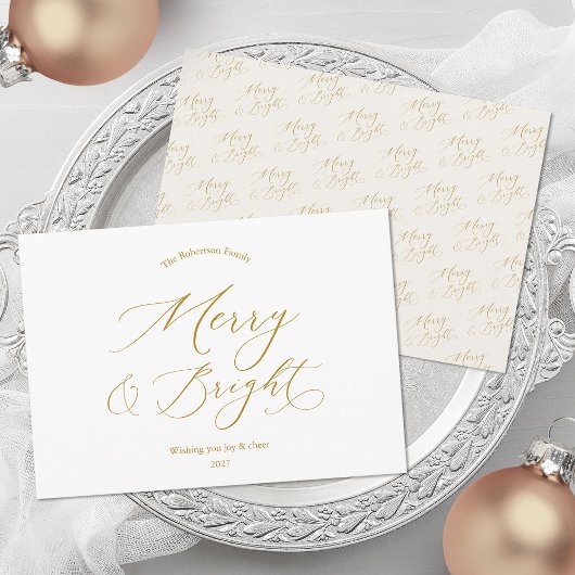 Merry & Bright Elegant Gold Script Christmas Card シーズンカード