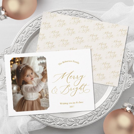Merry & Bright Elegant Gold Script Christmas Photo シーズンカード
