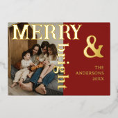 Merry & Bright Family Photo Elegant Deep Burgundy 箔シーズンカード (正面)