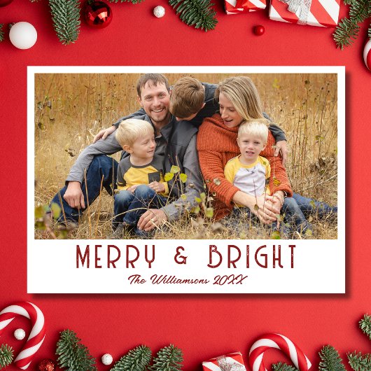 Merry & Bright Family Photo Modern Deep Burgundy シーズンカード