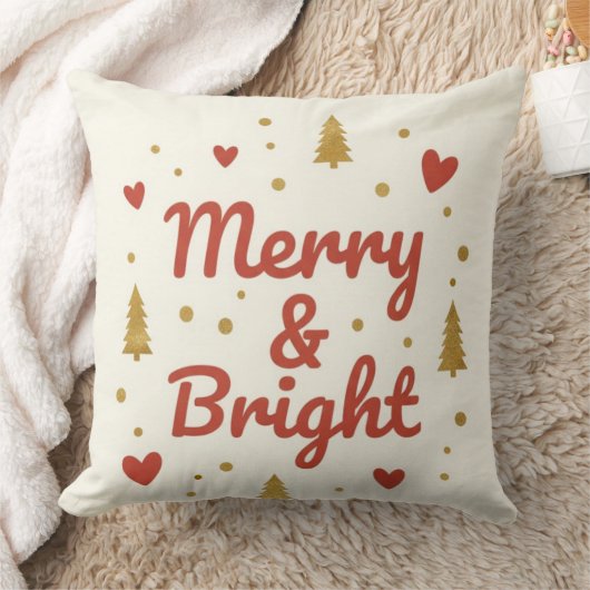Merry & Bright" Festive Christmas Throw Pillow クッション (ブランケット)