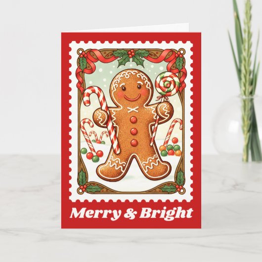 Merry & Bright Gingerbread Christmas Postage Stamp シーズンカード (正面)