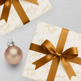 Merry & Bright Gold Script Christmas ラッピングペーパー