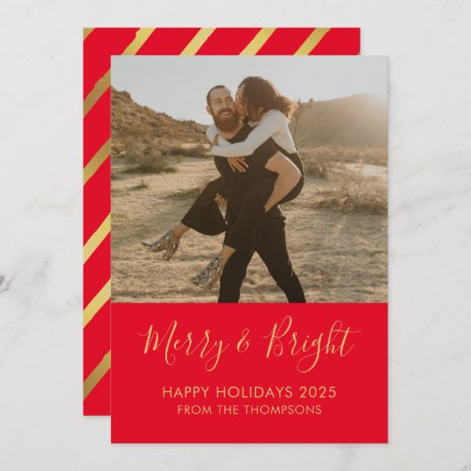 Merry & Bright Holiday Christmas red Photo card 招待状 (正面/裏面)