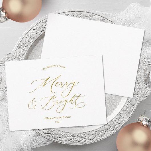 Merry & Bright Minimalist Gold Script Christmas シーズンカード
