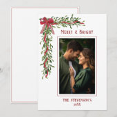Merry & Bright Mistletoe Red Photo Christmas シーズンカード (正面/裏面)