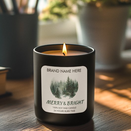 Merry & Bright Modern Pine Trees Candle Label  スクエアシール