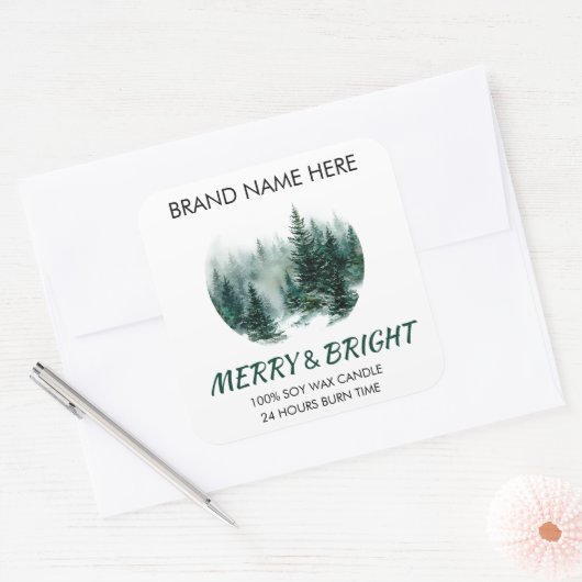 Merry & Bright Modern Pine Trees Candle Label  スクエアシール (封筒)