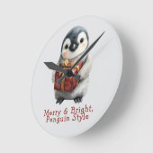 Merry & Bright Penguin Christmas ラウンド壁時計 (傾斜)