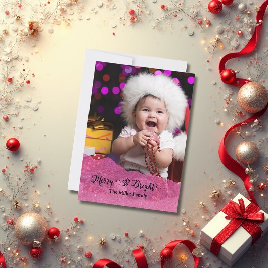 Merry & Bright Pink Glitter Christmas Photo シーズンカード