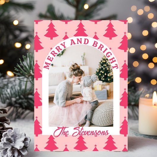 Merry & Bright Pink Retro Arch Photo Christmas シーズンカード