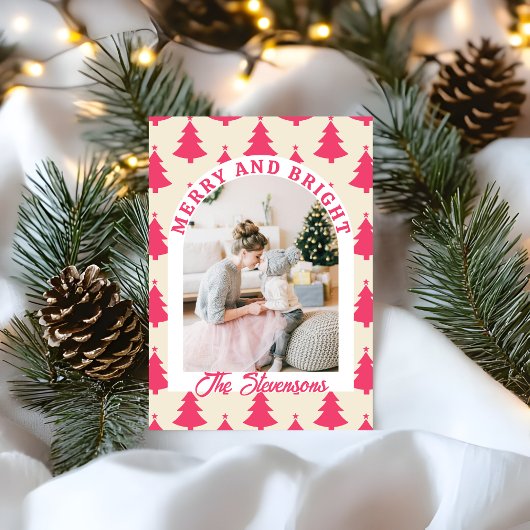 Merry & Bright Retro Arch Photo Pink Christmas シーズンカード