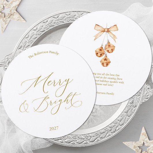 Merry & Bright Round Christmas Card with Bells 招待状